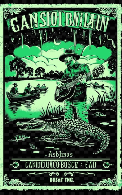 PSD cajun-band spielt in einem louisiana-bayou mit alligatoren und vektor-illustration musik poster-idee