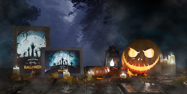 Calabaza aterradora junto a carteles de películas de terror enmarcados