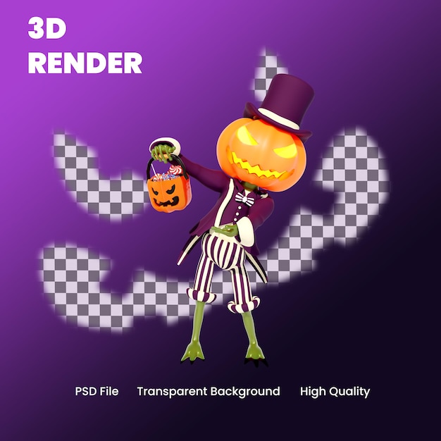 PSD calabaza de halloween de personaje 3d que muestra ilustración de pose de caramelo