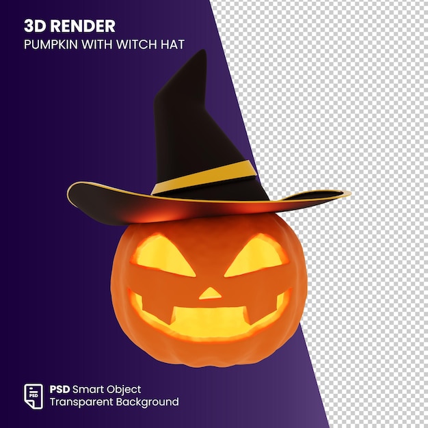 PSD calabaza de halloween de render 3d con sombrero de bruja