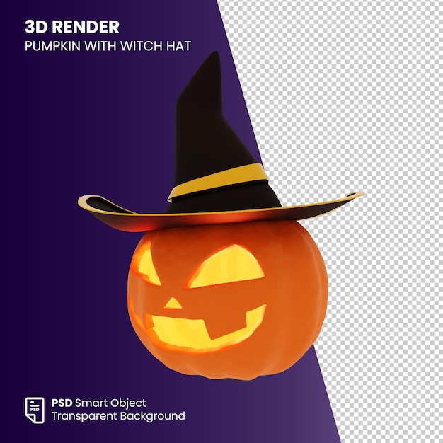 Calabaza de halloween de render 3d con sombrero de bruja