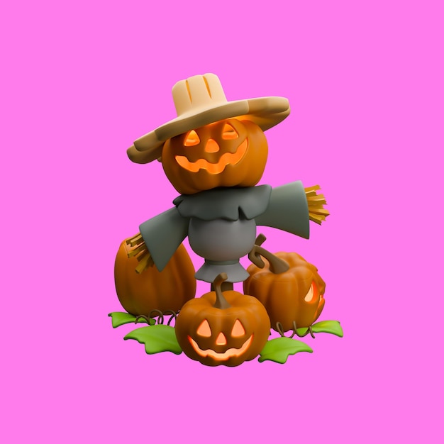 una calabaza de icono 3D con un espantapájaros