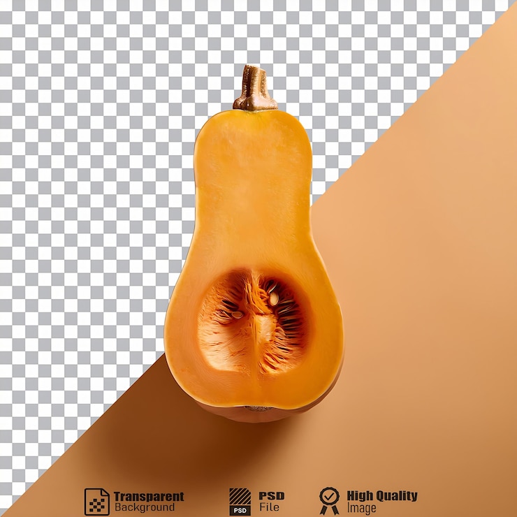 PSD una calabaza de nuez naranja vibrante cortada a medias con un centro marrón oscuro y semillas