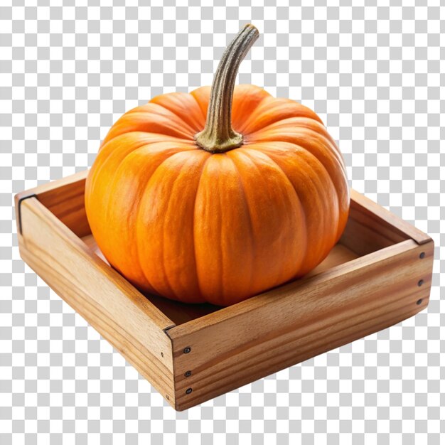 Una calabaza se sienta en una caja de madera con un fondo blanco