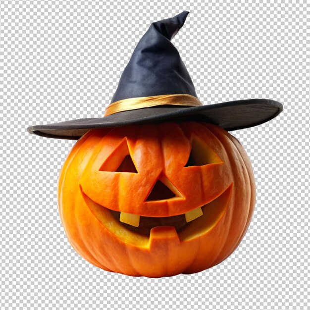 PSD calabaza con sombrero de bruja en un fondo transparente