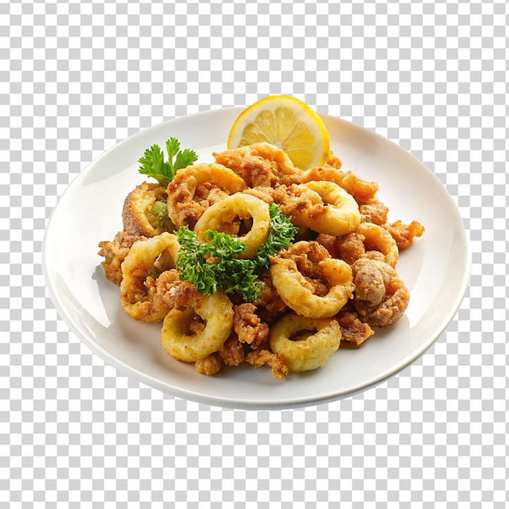 PSD calamares fritos en una placa blanca aislada sobre un fondo transparente