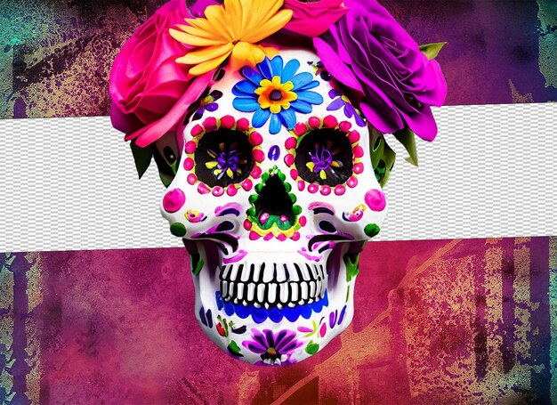 PSD calavera de azúcar tradicional decorada con flores ilustración del día de muertos