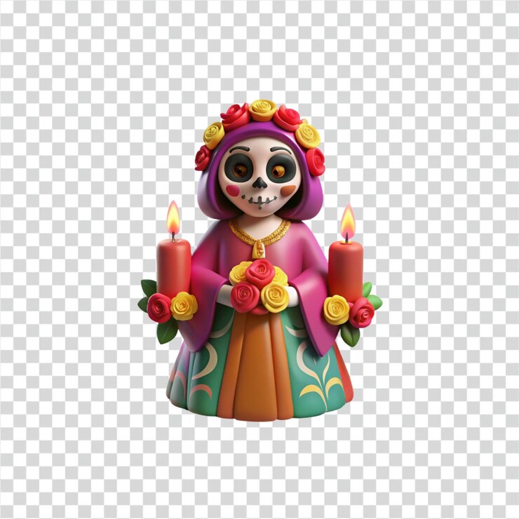 PSD calavera catrina 3d render día de los muertos figurina con velas y flores