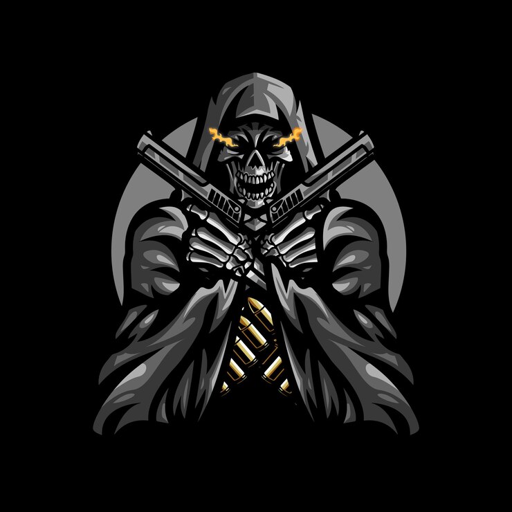 PSD una calavera con una pistola y una capucha.