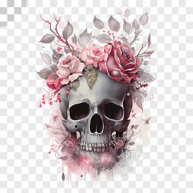 PSD calavera y rosas sobre un fondo transparente.