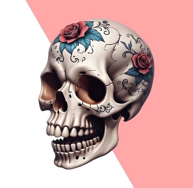 PSD calavera con tatuajes y flores en 3d.