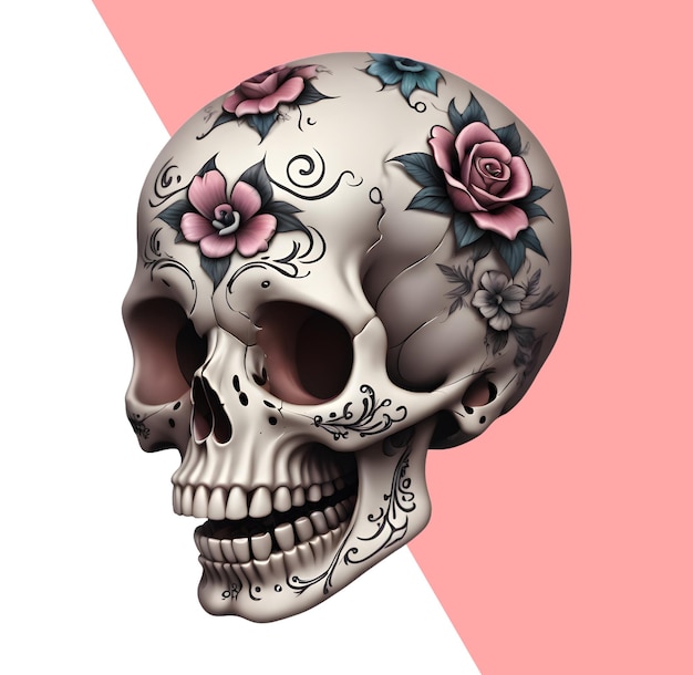 Calavera con tatuajes y flores en 3d.