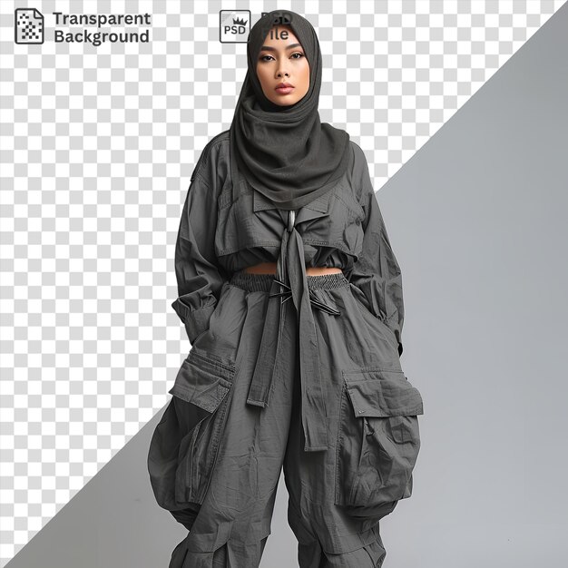 Calças de carga militar urbana baggy hijab indonésio mulher modelo metade do comprimento do corpo tiro da frente