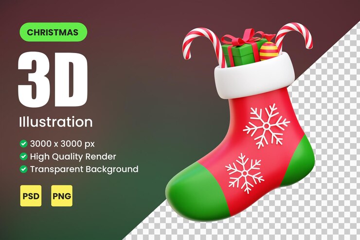 PSD calcetín de navidad 3d icono render ilustración