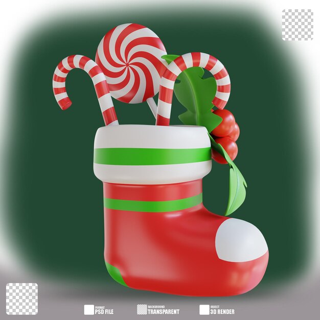 Calcetines de adorno de navidad de acebo y caramelo de ilustración 3d 3