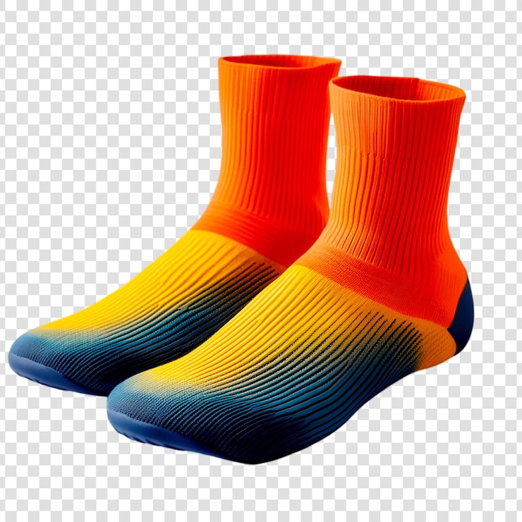 PSD calcetines de gradiente colorido, calzado deportivo naranja, amarillo y azul vibrante
