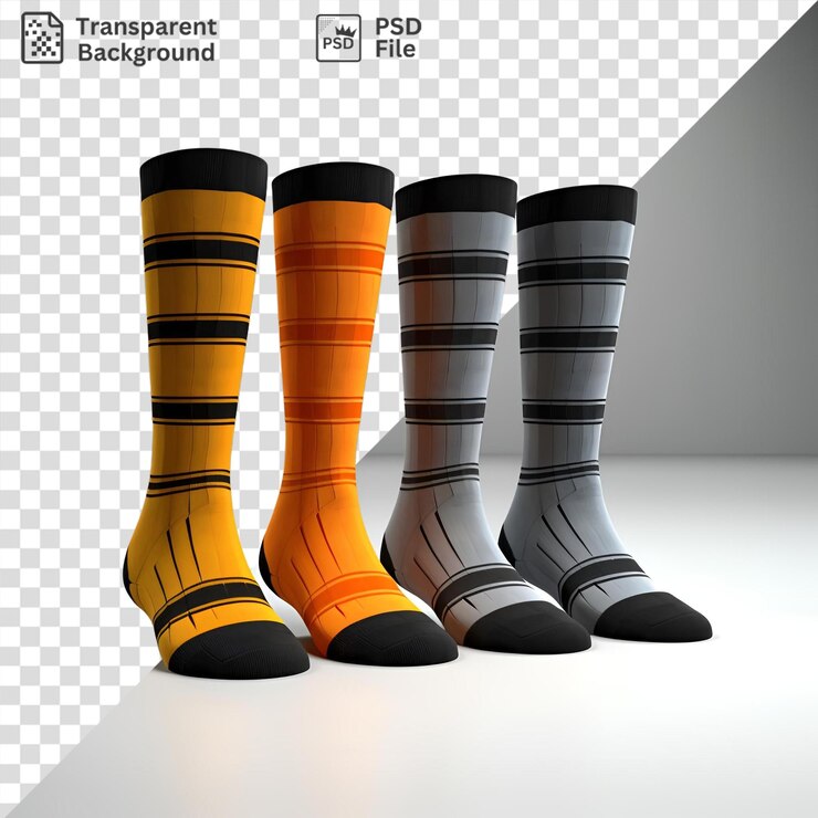 PSD calcetines transparentes de varios colores y patrones se muestran en una mesa blanca contra una pared gris y blanca con una línea negra en primer plano