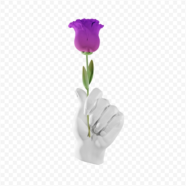 calco in gesso 3d di una mano che tiene una rosa viola isolata rendering 3d