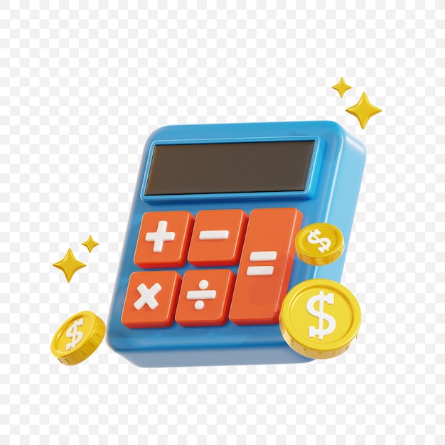 Calculadora 3D con monedas de oro que simbolizan las finanzas, el presupuesto, la contabilidad y los cálculos económicos