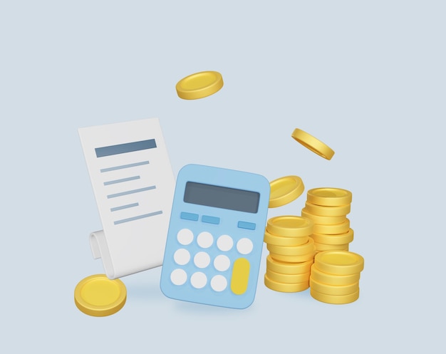 calculadora azul com moedas de ouro e um recibo