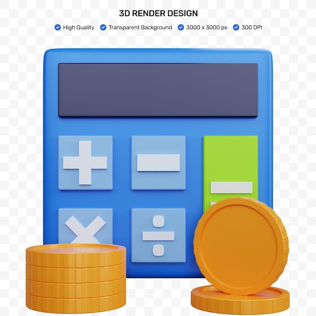 PSD calculadora azul de renderizado 3d con moneda aislada