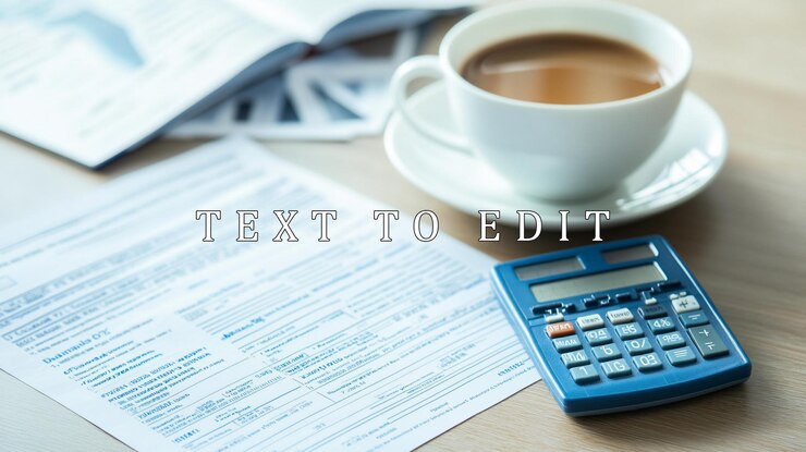 PSD calculadora de café y papeleo en un escritorio