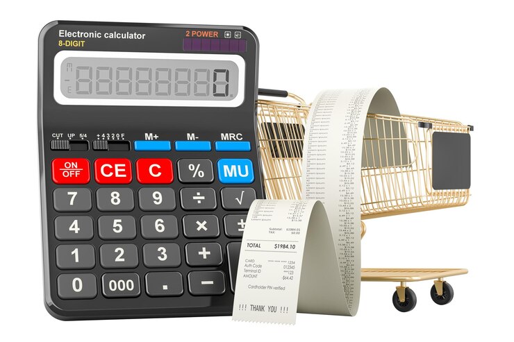 PSD calculadora con carrito de compras e impresión de recibo en 3d aislada sobre un fondo transparente