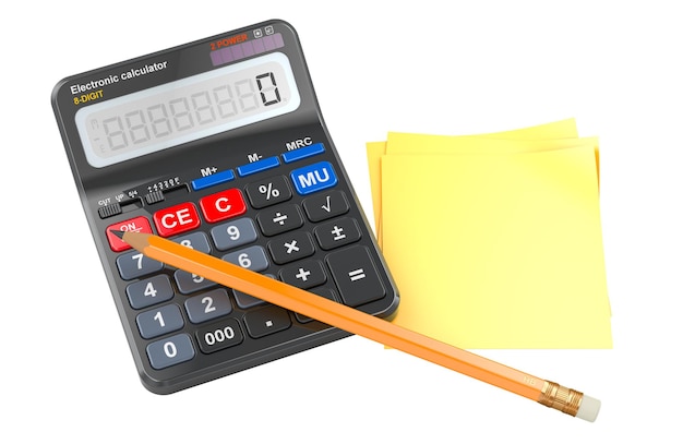 Calculadora com lápis e notas adesivas amarelas em branco renderização 3D isolada em fundo transparente