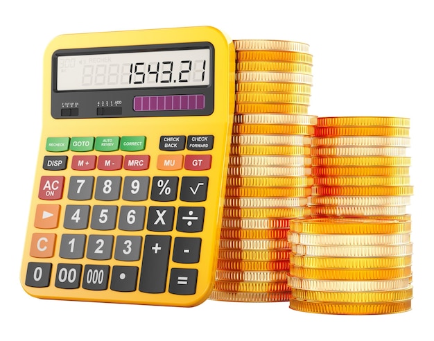 Calculadora com pilha de moedas de ouro renderização 3D isolada em fundo transparente