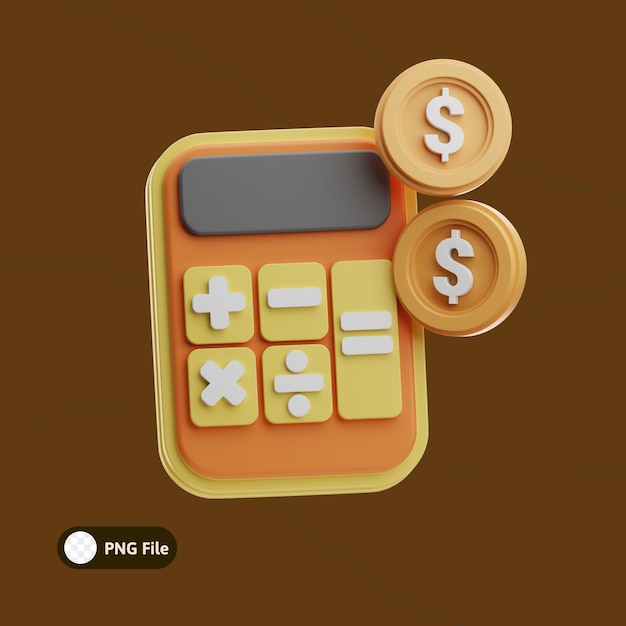 Calculadora con dinero y monedas de representación financiera en 3D