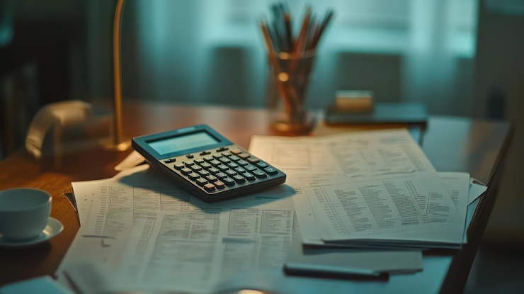 PSD calculadora em uma mesa com papéis
