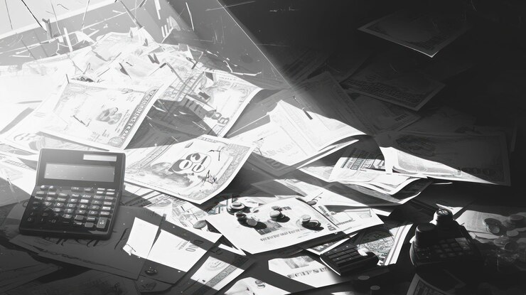 PSD una calculadora se encuentra en una pila de billetes de un dólar esparcidos en una foto en blanco y negro