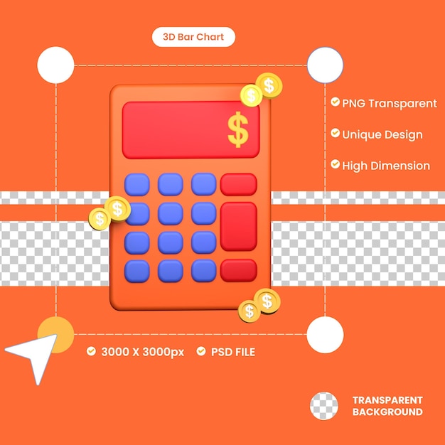 PSD calculadora de icono 3d con moneda