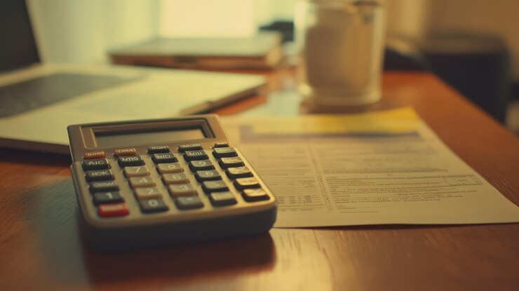 PSD calculadora na secretária com contas