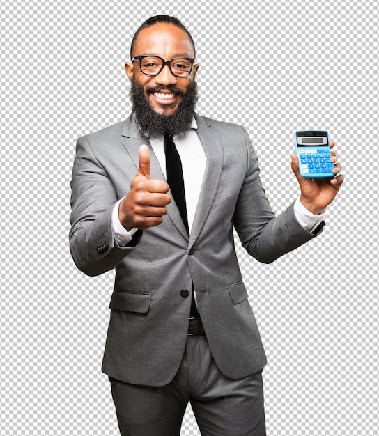 Calculadora de negocios hombre negro holding