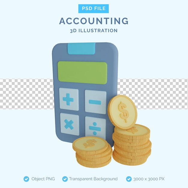 PSD calculadora, con, pila, de, monedas, 3d, ilustración