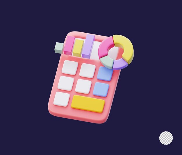 Calculadora rosa adornada con gráficos de barras y gráficos de pastel flotando