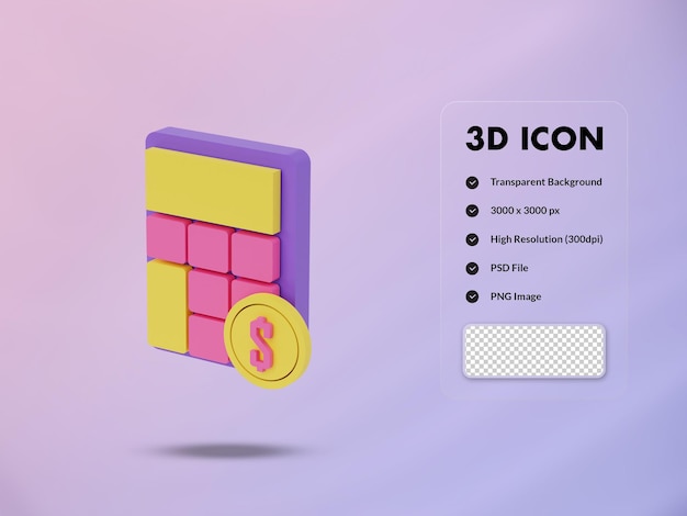 Calculatrice 3D et icône de pièce en dollars illustration de rendu 3d