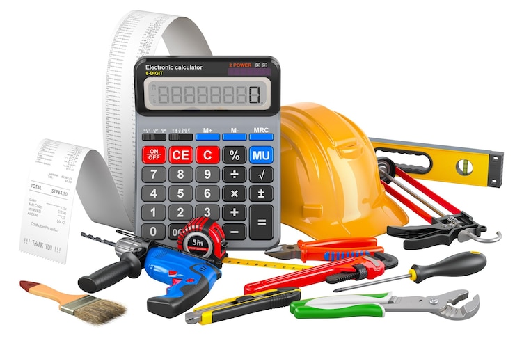 PSD calculatrice avec outils de construction et reçu imprimé calcul des coûts du concept de construction rendering 3d isolé sur fond transparent