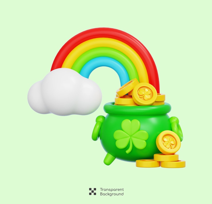 PSD caldeirão verde com moedas de ouro e arco-íris para as celebrações do dia de são patrício ícone 3d rendering