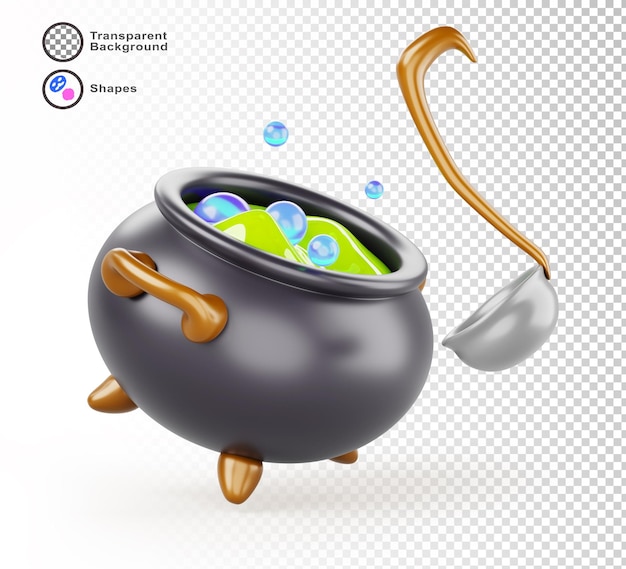 Caldera de bruja o mago con poción mágica hirviendo veneno y cuchara icona de renderización 3D caldera con líquido verde y burbujas de agua olla con elixir de fantasía cerveza cosas mágicas o de Halloween