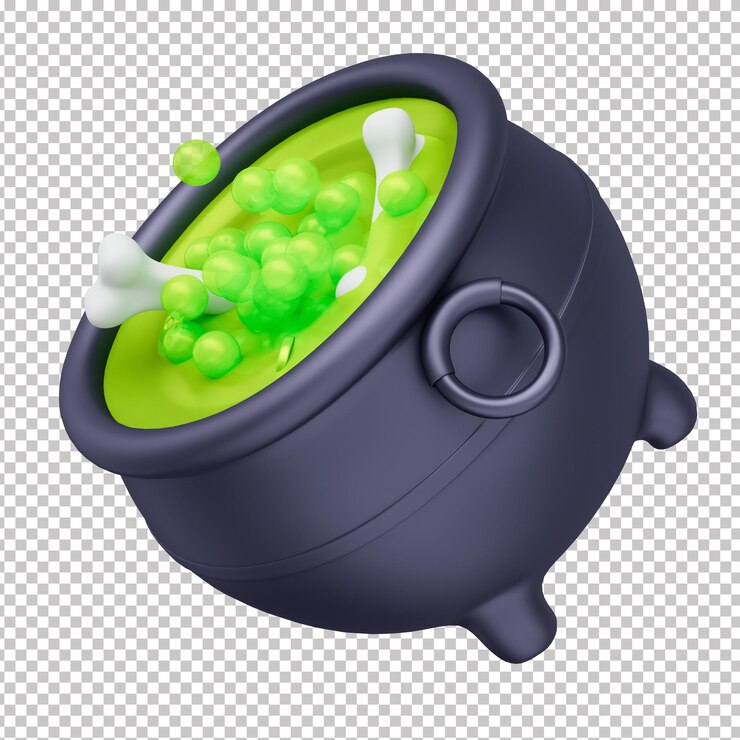 PSD el caldero de la bruja en 3d con huesos de poción verde y cráneos de fondo transparente