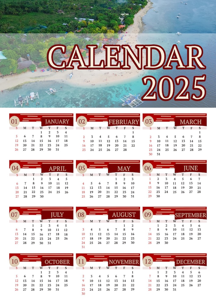 PSD calendar 2025 maroon cream illustration