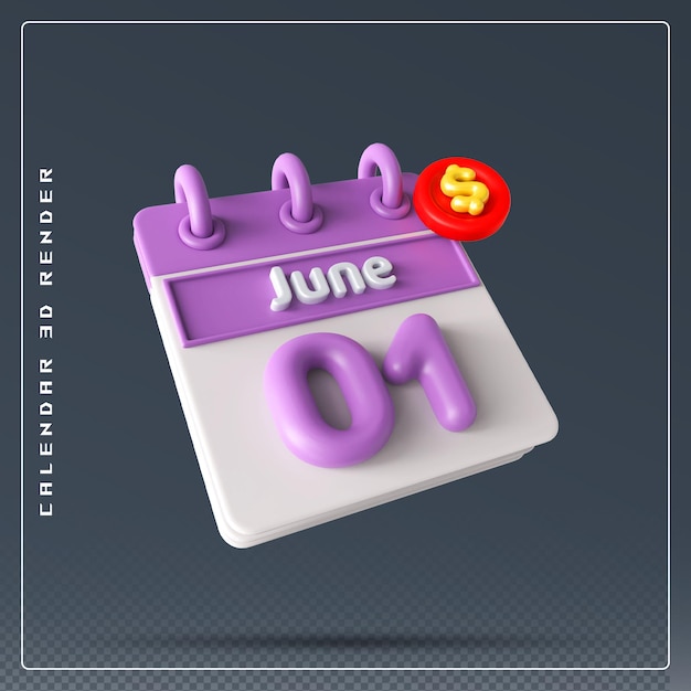 PSD calendario del 1 de junio con icono de dólar renderizado 3d