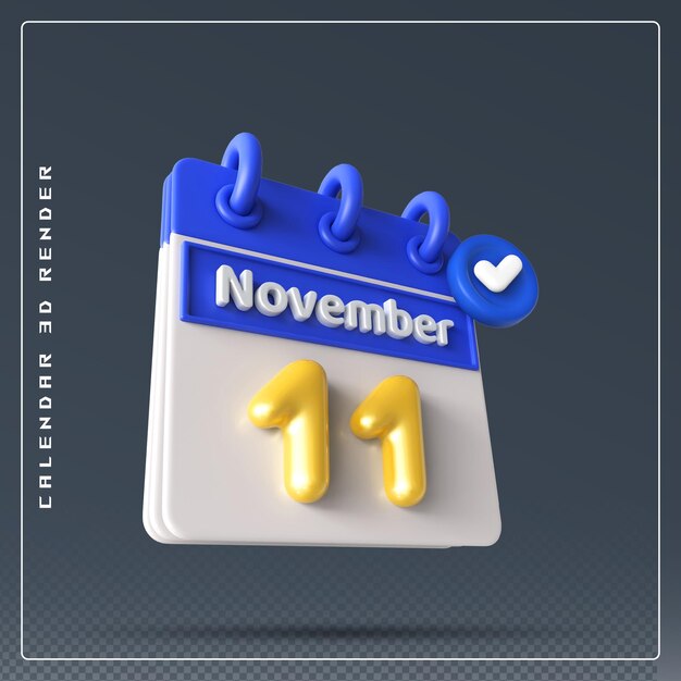 PSD calendario del 11 de noviembre con icono de lista de verificación 3d render