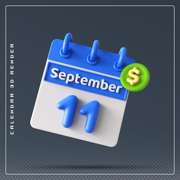 PSD calendario del 11 de septiembre con icono de dólar renderizado 3d