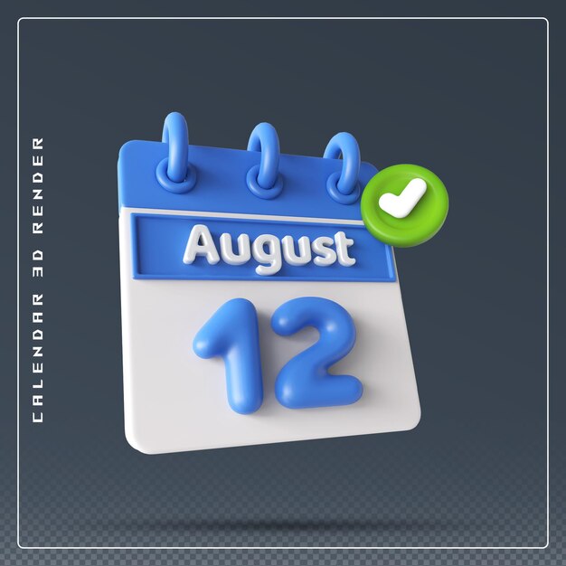 Calendario del 12 de agosto con lista de verificación icono 3d render