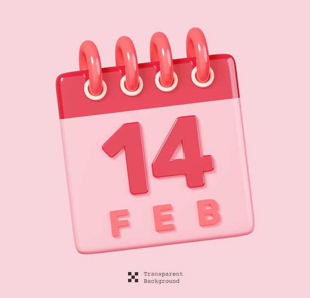 Calendario 14 de febrero aislado. Icono de feliz día de San Valentín. Ilustraciones de renderizado 3D