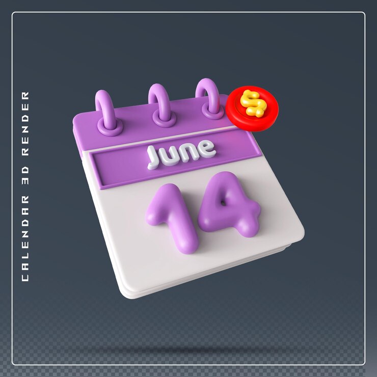 PSD calendario del 14 de junio con icono de dólar renderizado 3d