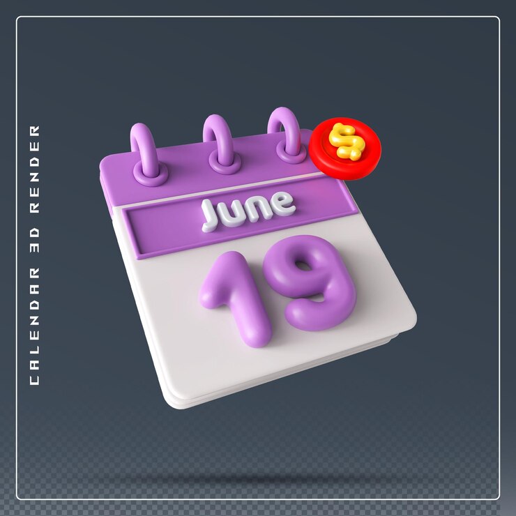 PSD calendario del 19 de junio con icono de dólar renderizado 3d
